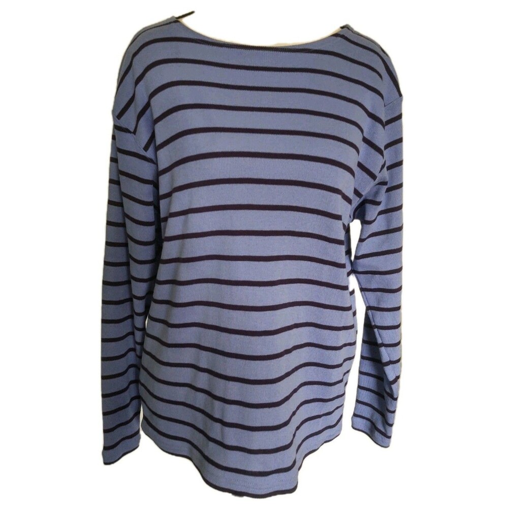 LL Bean Women's Blue/Black Striped Long Sleeve Boat Neck Pullover Sweater Sz M